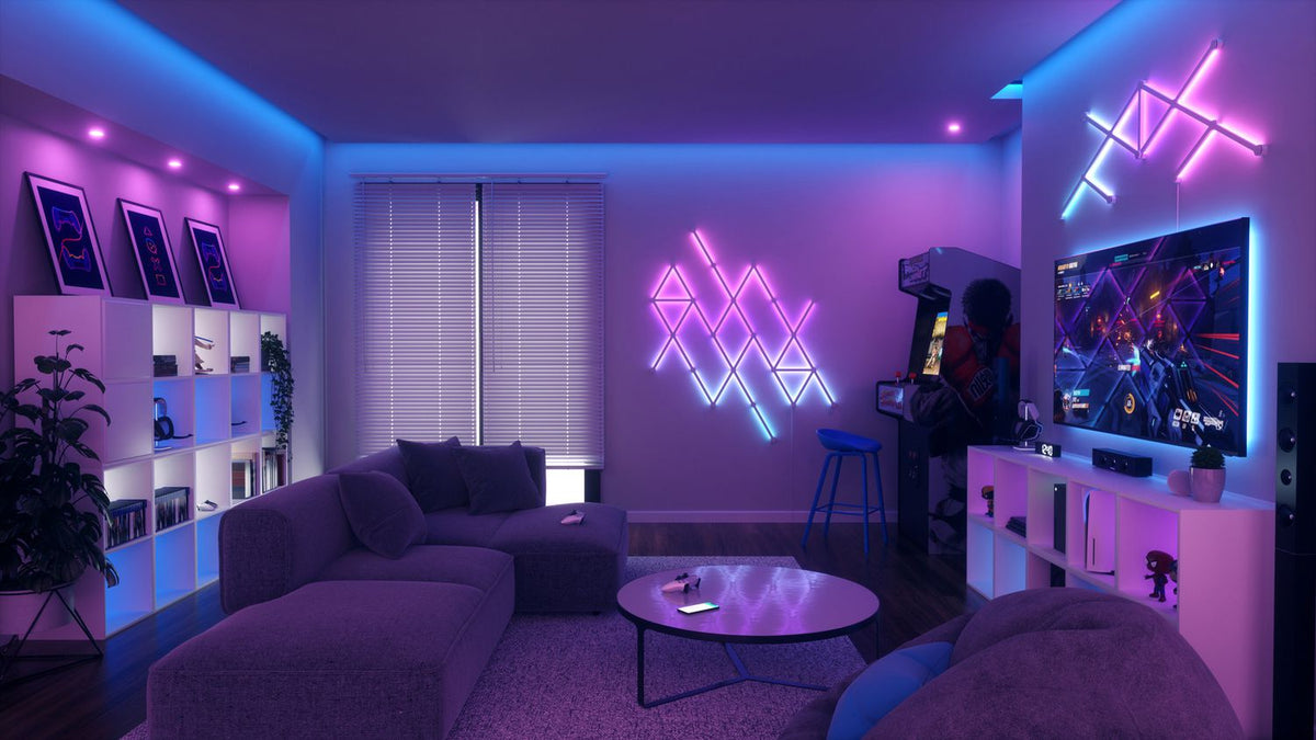 a living room with LED strip lights