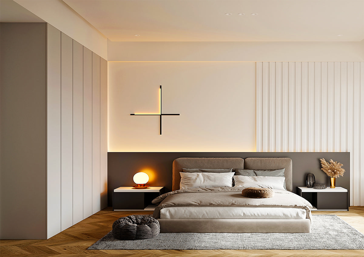A modern and minimalist bedroom using layered lighting
