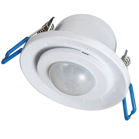 Mercator recessed gimble sensor PIR motion detector with blue clips on a white background