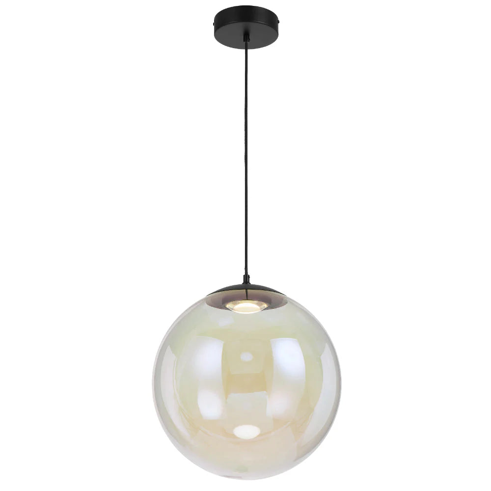 Front view of the Aurora 40 cm pendant in black with a glass sphere and integrated LED