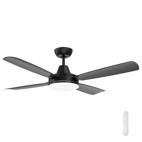 Black Mercator Nemoi Lite 122cm DC ceiling fan with LED light and remote on a white background