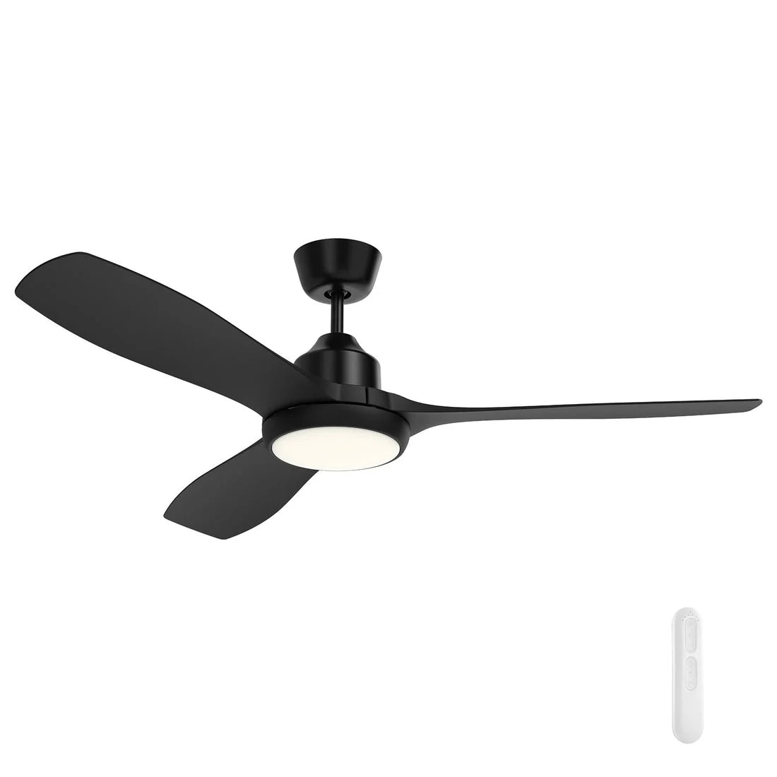 Black Mercator Raptor ceiling fan with integrated LED light on a white background