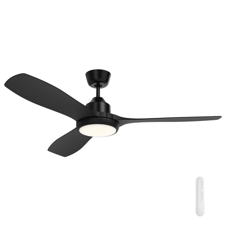 Black Mercator Raptor ceiling fan with integrated LED light on a white background