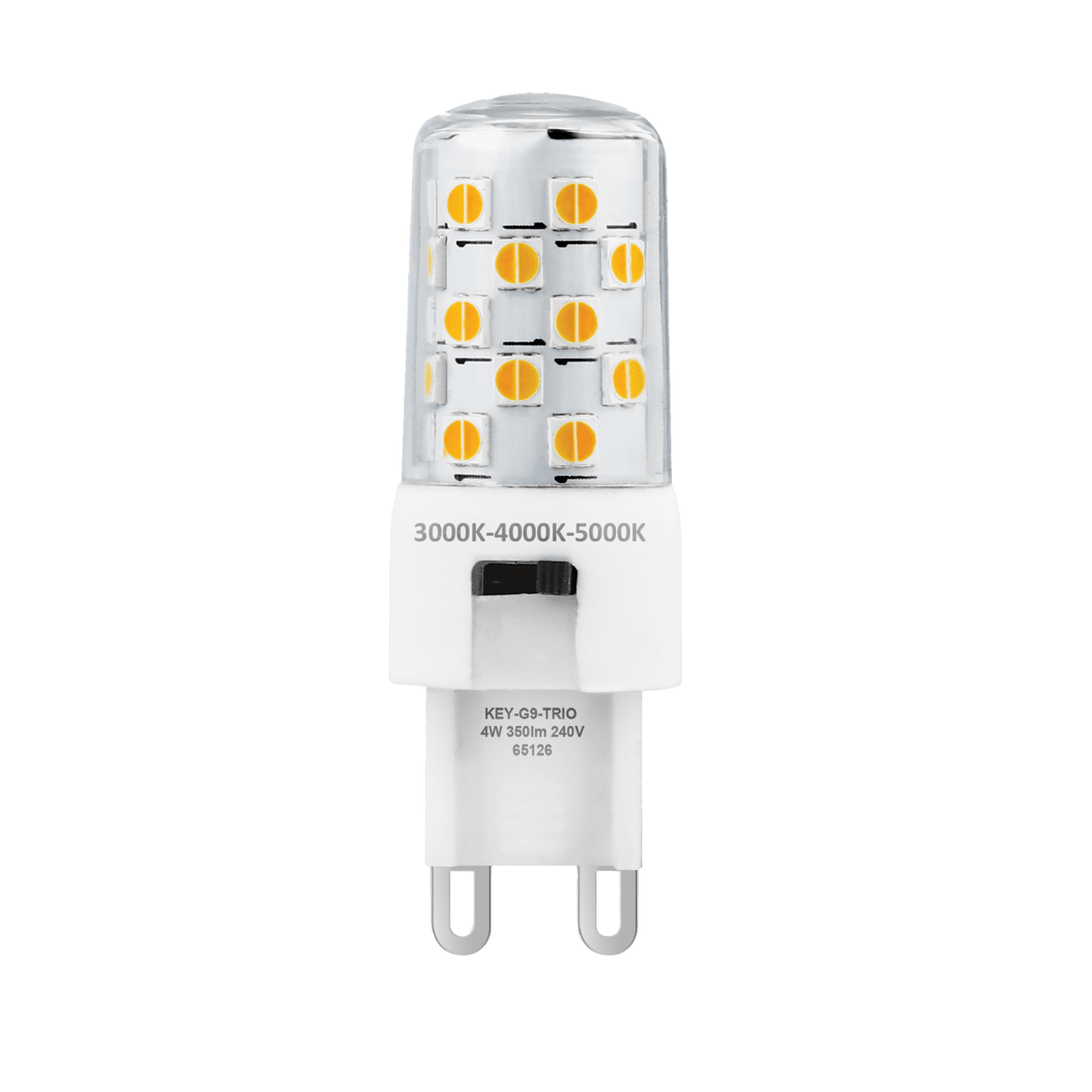 Domus KEY G9 4W 240V tricolour dimmable LED bulb with CRI90 with G9 base on a white background