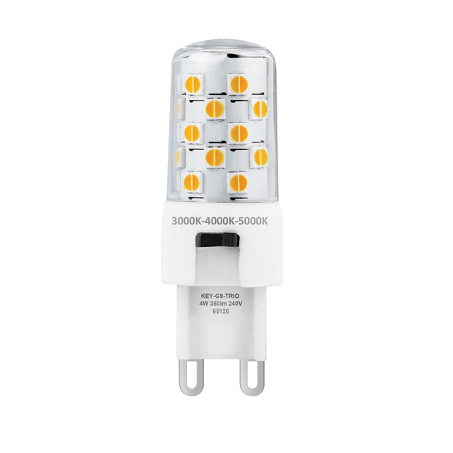 Domus KEY G9 4W 240V tricolour dimmable LED bulb with CRI90 with G9 base on a white background