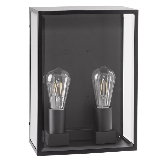 Havit HV36592W wall fixture coastal stainless steel black two vintage-style light bulbs in a black metal and glass display case on a white background.