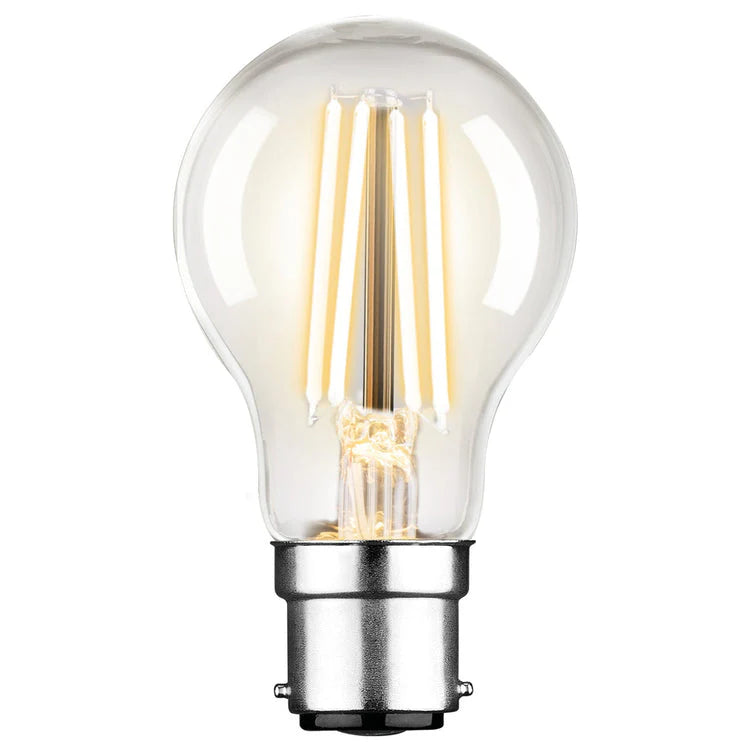 Mercator Classic A60 7.5W B22 LED filament globe with visible filaments on a white background