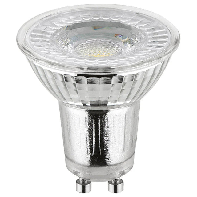 Mercator GU10 warm white dimmable glass LED globe with a clear glass cover on a white background