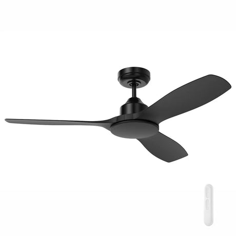 Black Mercator Raptor S 122cm DC ceiling fan in modern white finish with remote control on a white background