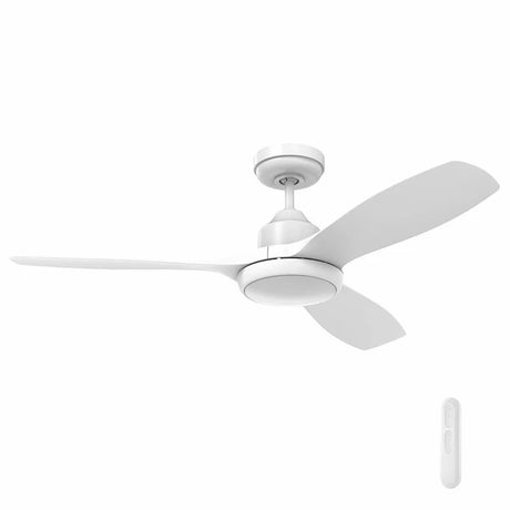 White Energy-efficient Raptor S ceiling fan with LED for modern interiors and three blades on a white background