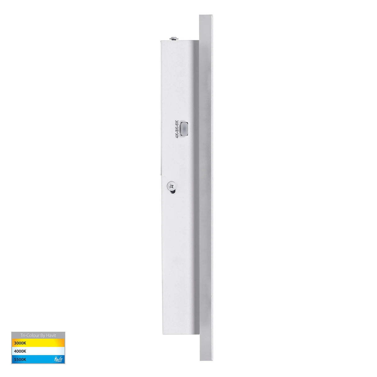 White rectangular light fixture on a white background with color temperature labels.