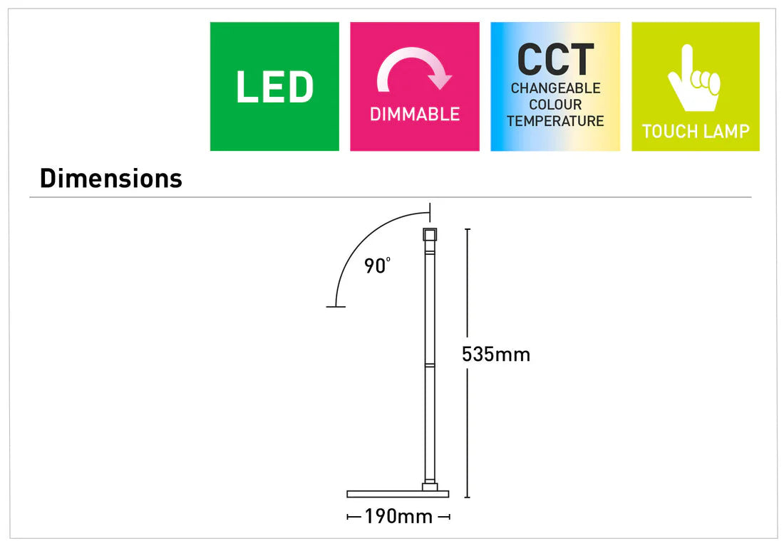 Dimensions of a Energy-efficient Mercator Templestowe task lamp with LED light with features like dimmable, CCT changeable, and touch lamp.
