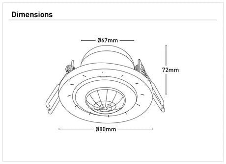 Technical drawing of a Energy-saving PIR recessed motion sensor by Mercator with dimensions labeled