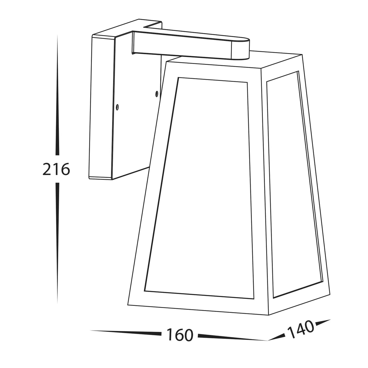Havit HV3672W‑BLK black aluminium wall light line drawing of a rectangular wall-mounted light fixture with dimensions.