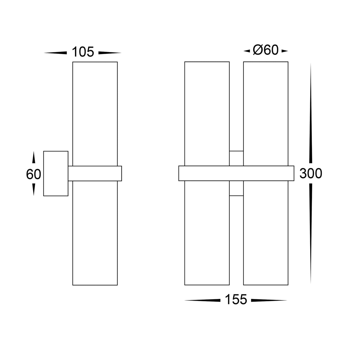 Technical drawing of a door handle with dimensions labeled