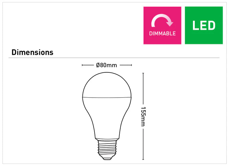 Diagram of a E27 A80 LED Globe Bulb with 3000K Warm Output with dimensions and 'Dimmable' and 'LED' labels.