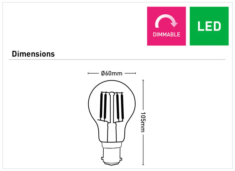 Diagram of a Energy-efficient 7.5W B22 filament LED globe with dimensions and 'Dimmable' and 'LED' indicators.