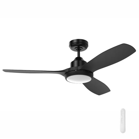 Black Mercator Raptor S 122cm DC ceiling fan with integrated LED light on a white background