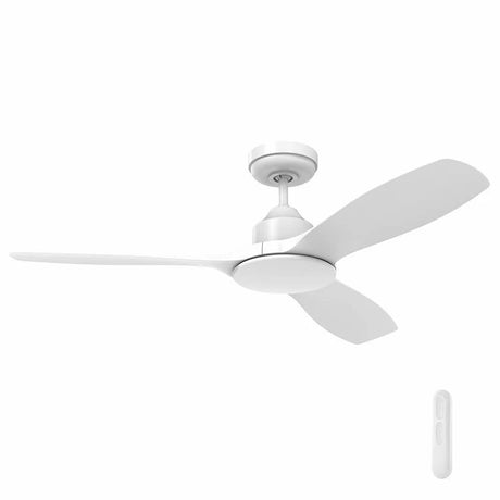 White Energy-efficient Raptor S ceiling fan with quiet DC motor and remote control on a white background