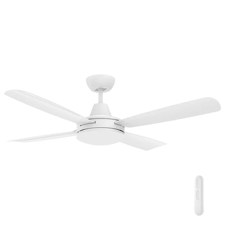 White Compact 3-blade ceiling fan with energy-saving LED and DC motor with remote control on a white background