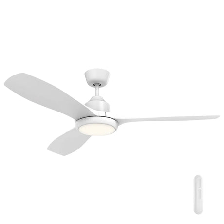 White 122cm DC ceiling fan with LED lighting by Mercator on a white background