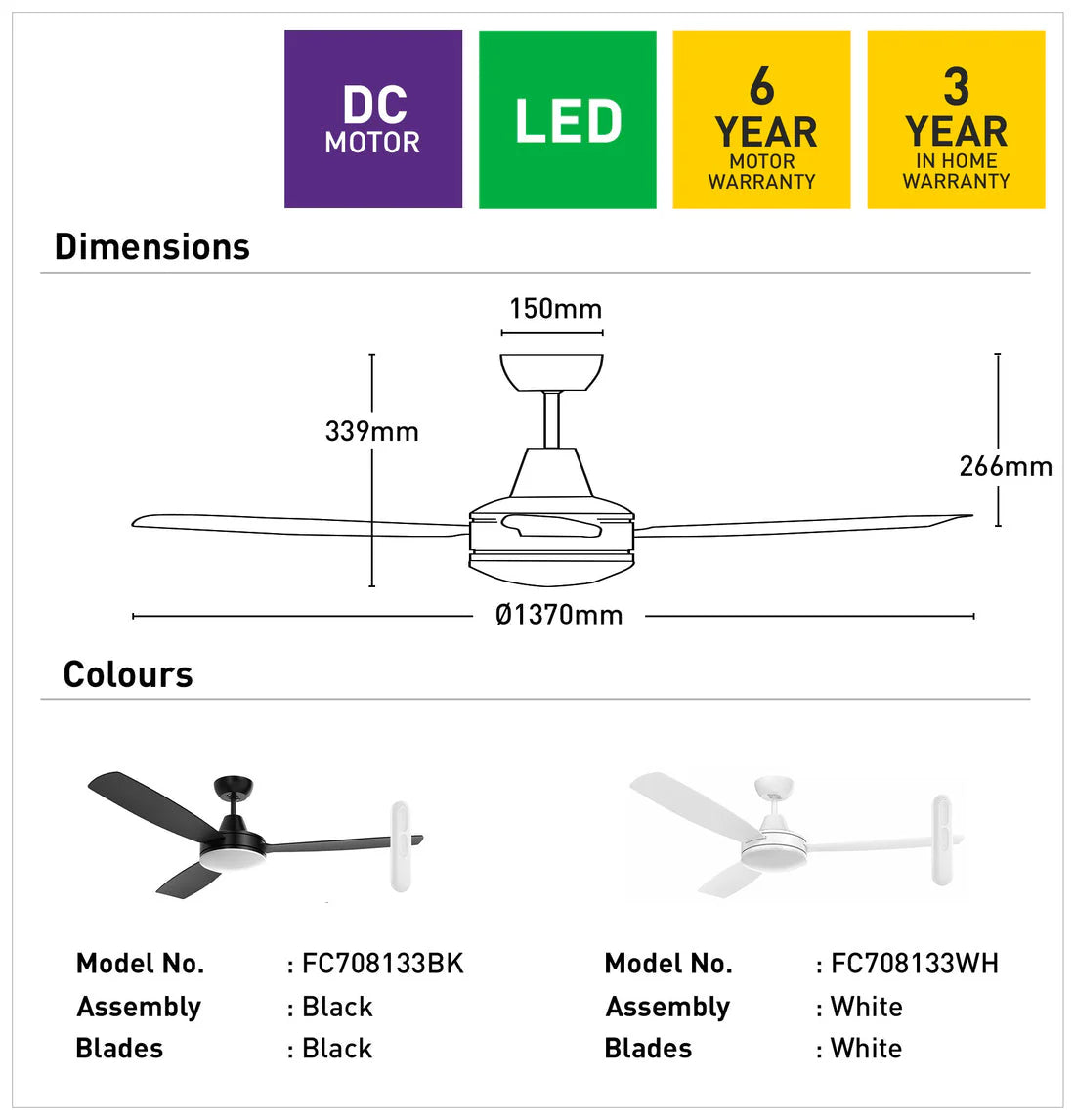 Energy-efficient Mercator ceiling fan with DC motor and LED lighting dimensions and color options with warranty information on a white background