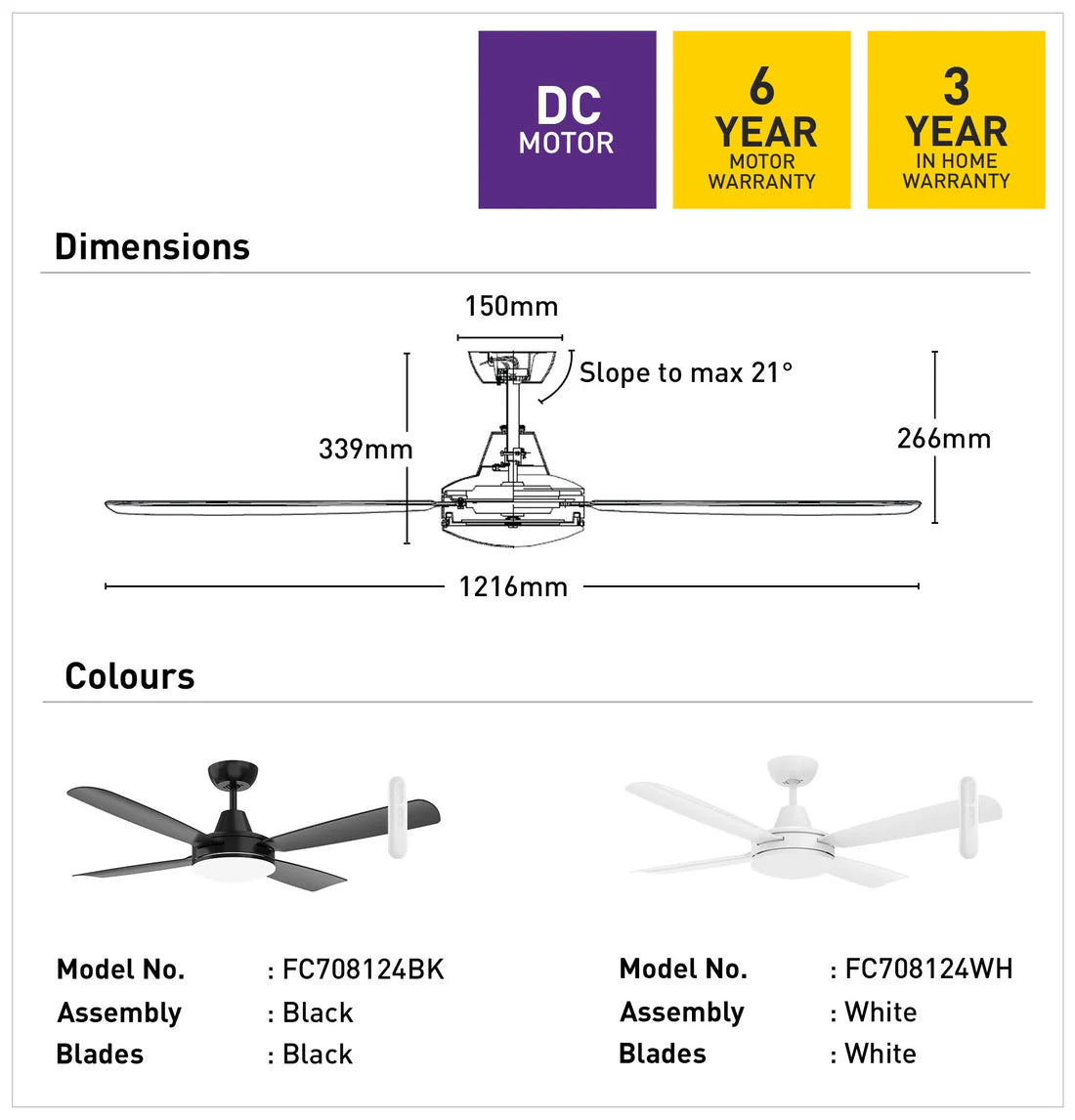 Quiet and modern Nemoi Lite fan ideal for small bedrooms and studies dimensions and color options with warranty information on a white background