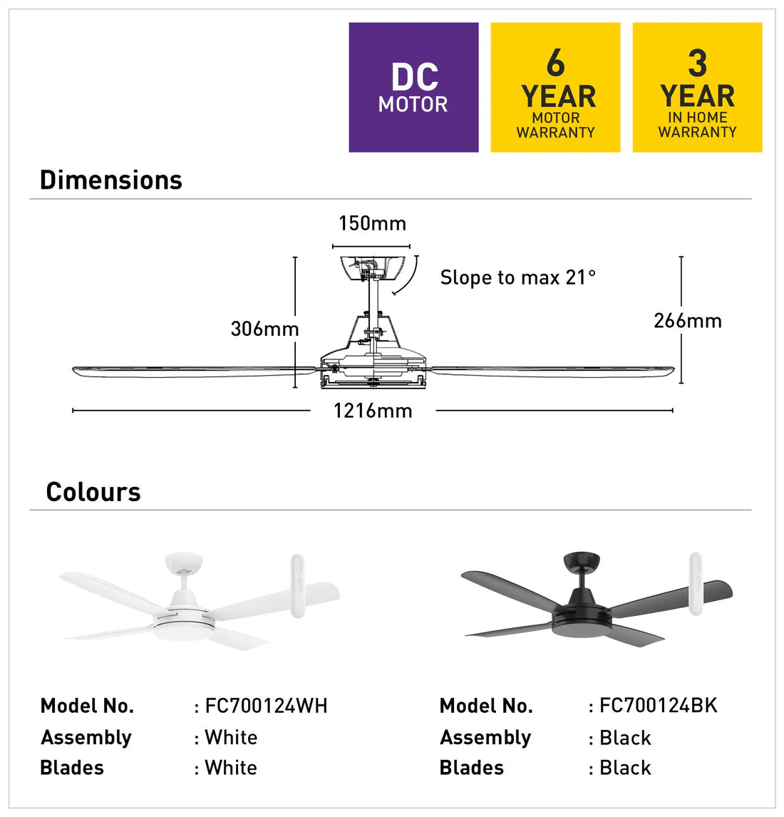 Energy-efficient 122cm Nemoi Lite ceiling fan by Mercator dimensions and color options with warranty information on a white background