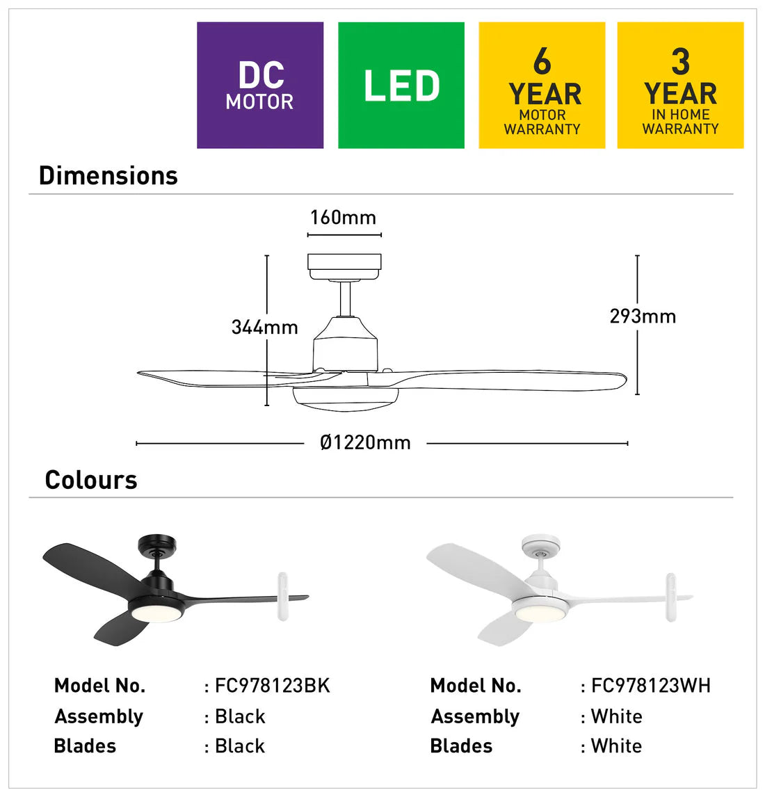 Ceiling fan dimensions and color options with warranty information on a white background