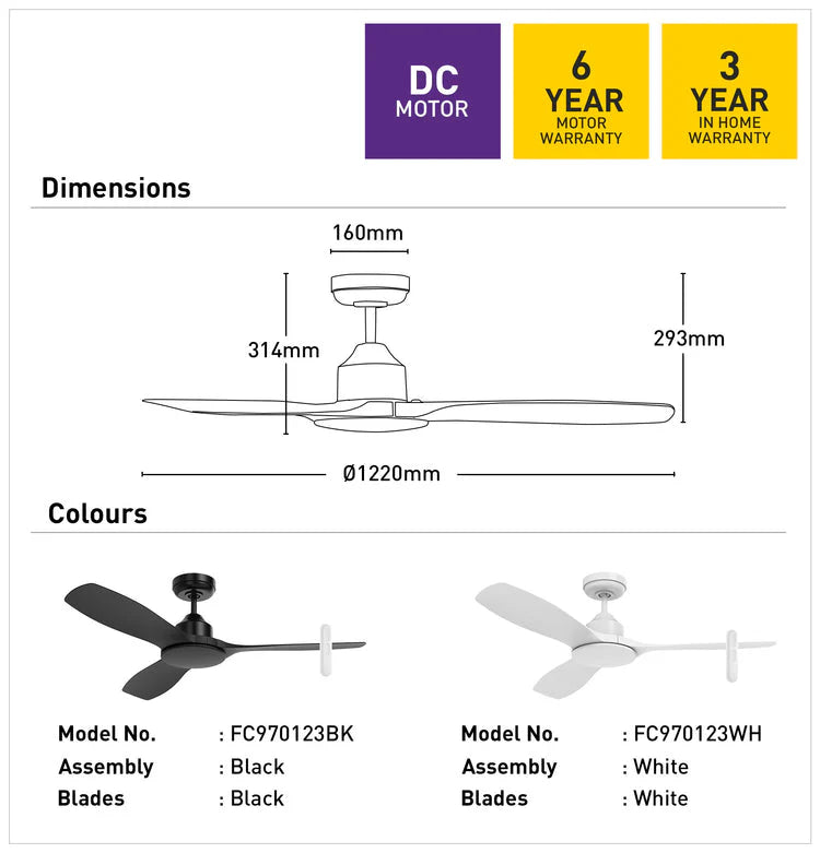 Aerodynamic three-blade Raptor S fan design by Mercator dimensions and color options with warranty information on a white background