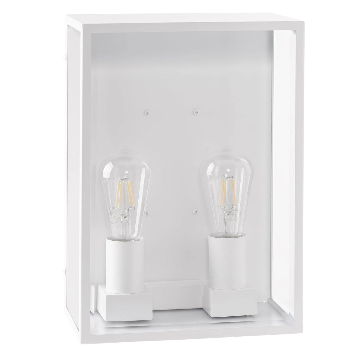 Two vintage-style light bulbs in a white rectangular box on a white background