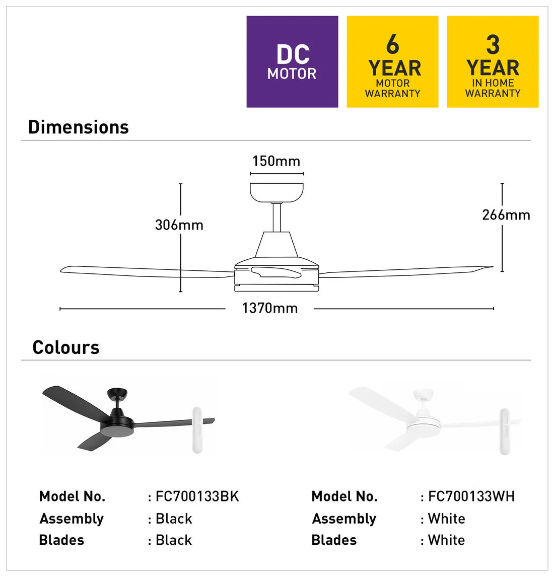 Sleek and quiet ceiling fan ideal for bedrooms and living rooms dimensions and color options with warranty information on a white background