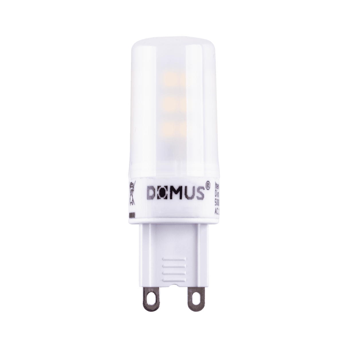 Installation view of Domus KEY G9 4W 240V dimmable LED light bulb with 'DOMUS' branding on a white background