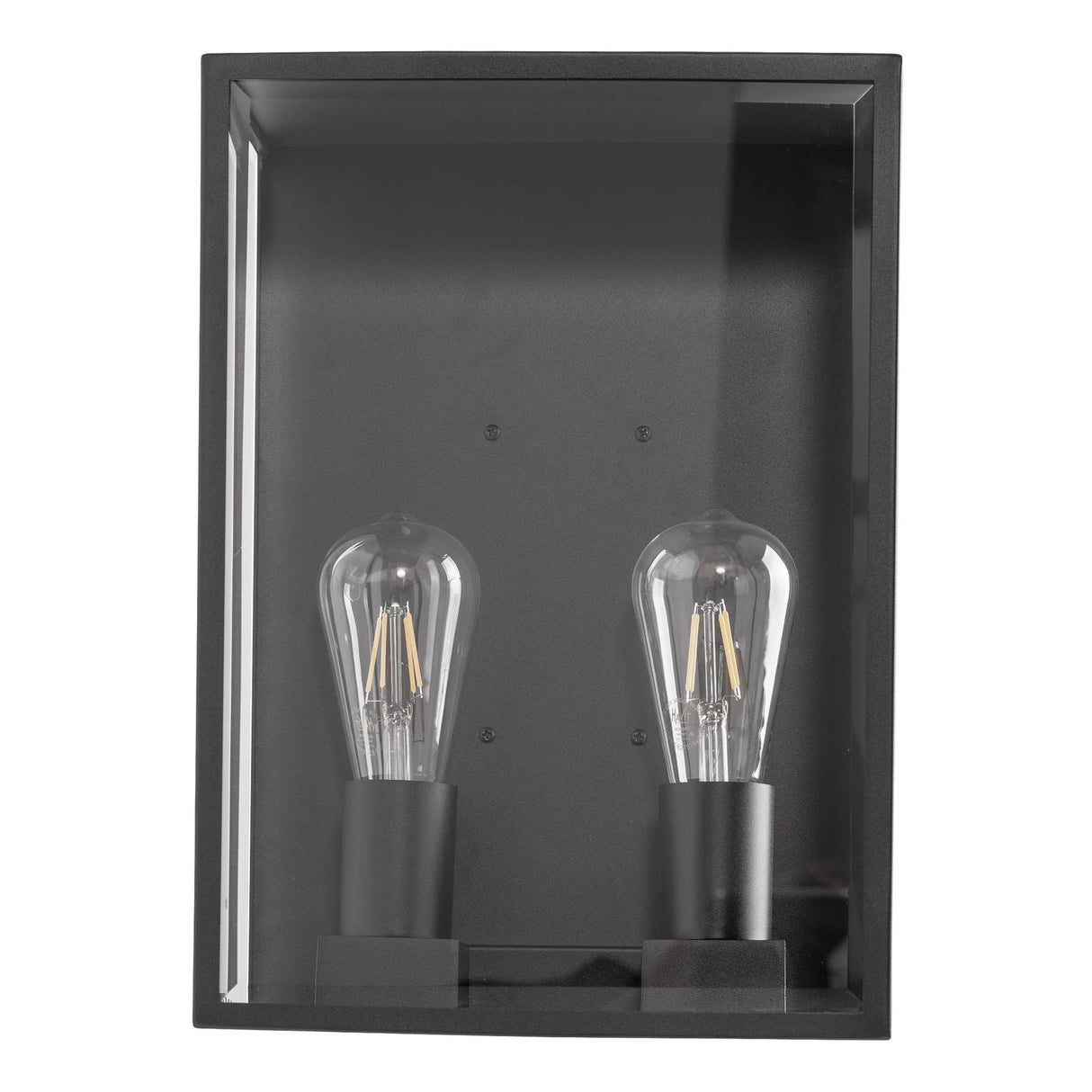 Black wall-mounted light fixture with  Bayside 316 Stainless Steel Wall Light on a white background.