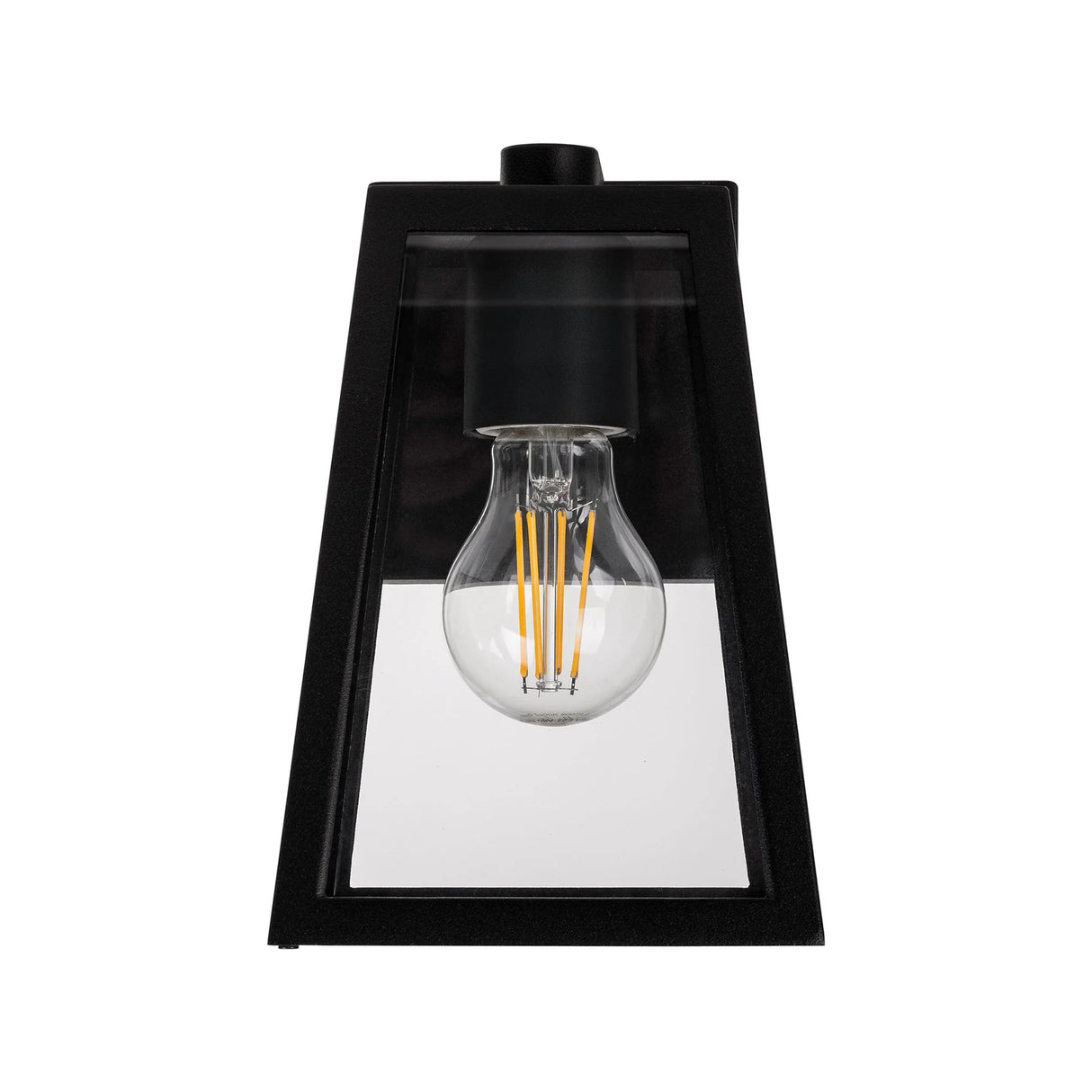 Black outdoor wall light fixture with a clear glass cover on a white background.