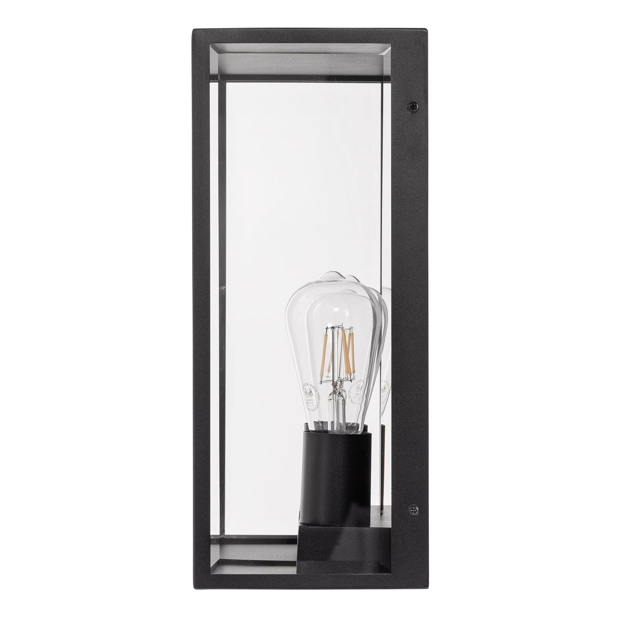 Black wall-mounted light fixture with clear glass cover on a white  Bayside 316 Stainless Steel Wall Light.
