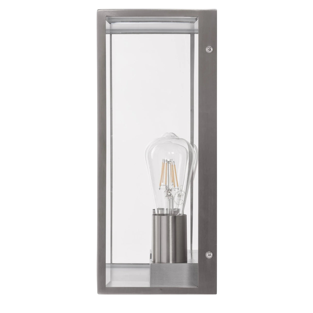 Wall-mounted light fixture with clear glass cover and metallic frame on a white background