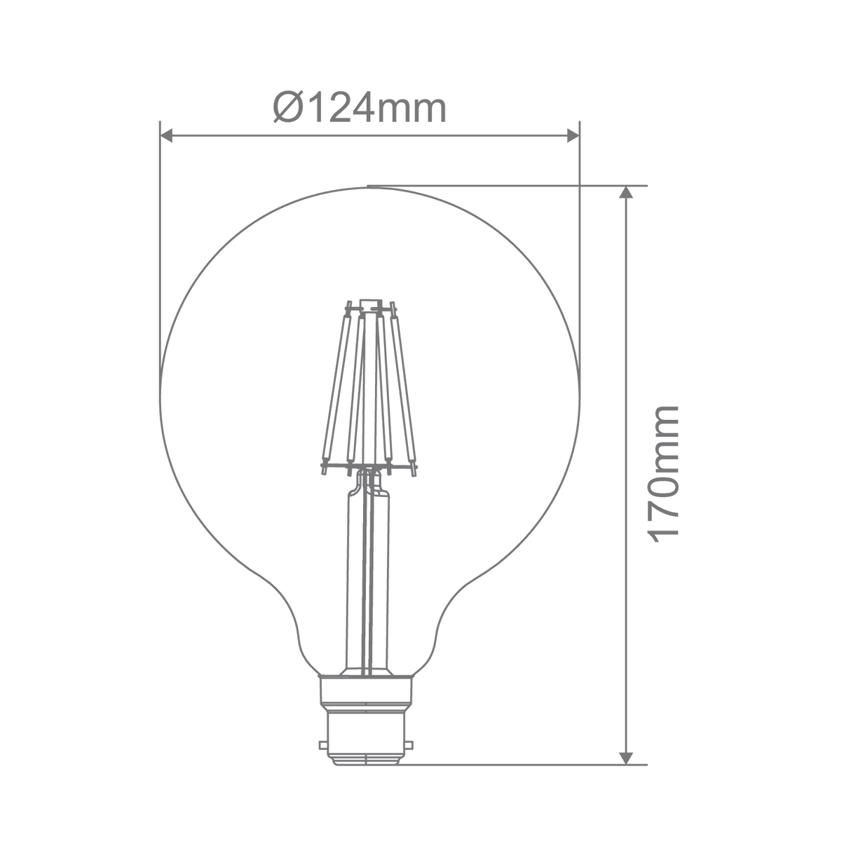 Technical drawing of a light bulb with dimensions labeled