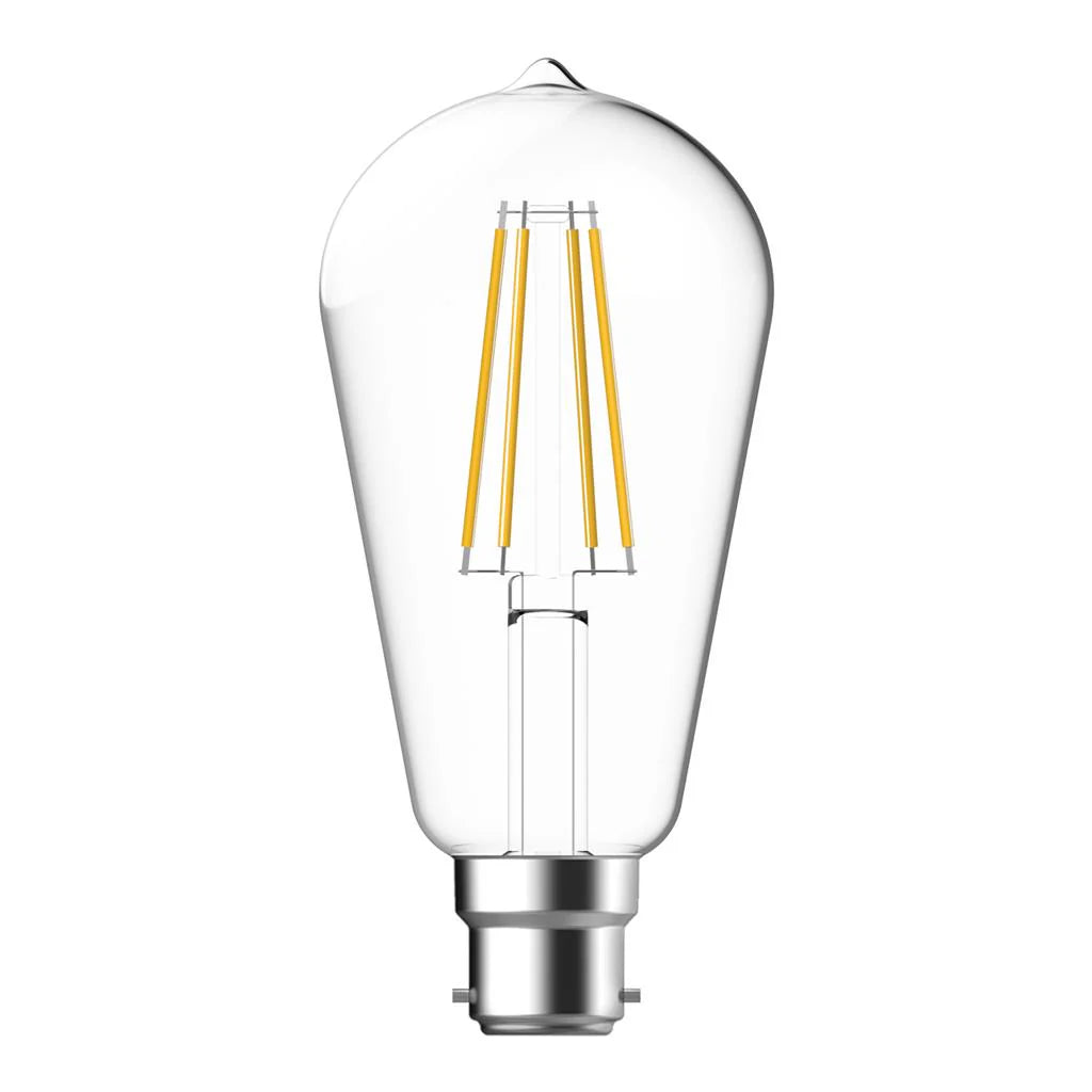 Domus clear glass pear-shaped LED filament lamp 7.2W with visible filaments on a white background