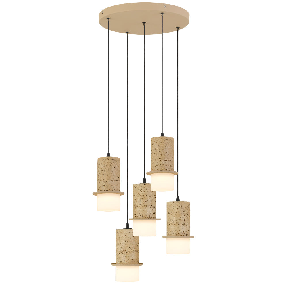 Pendant light fixture with cork-textured shades on a white background