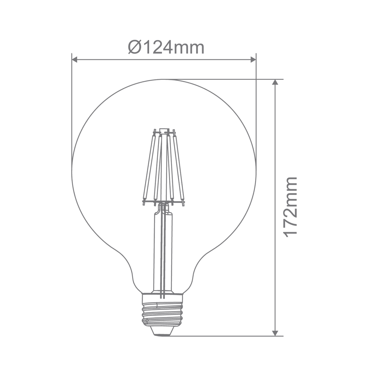 Technical drawing of a light bulb with dimensions labeled