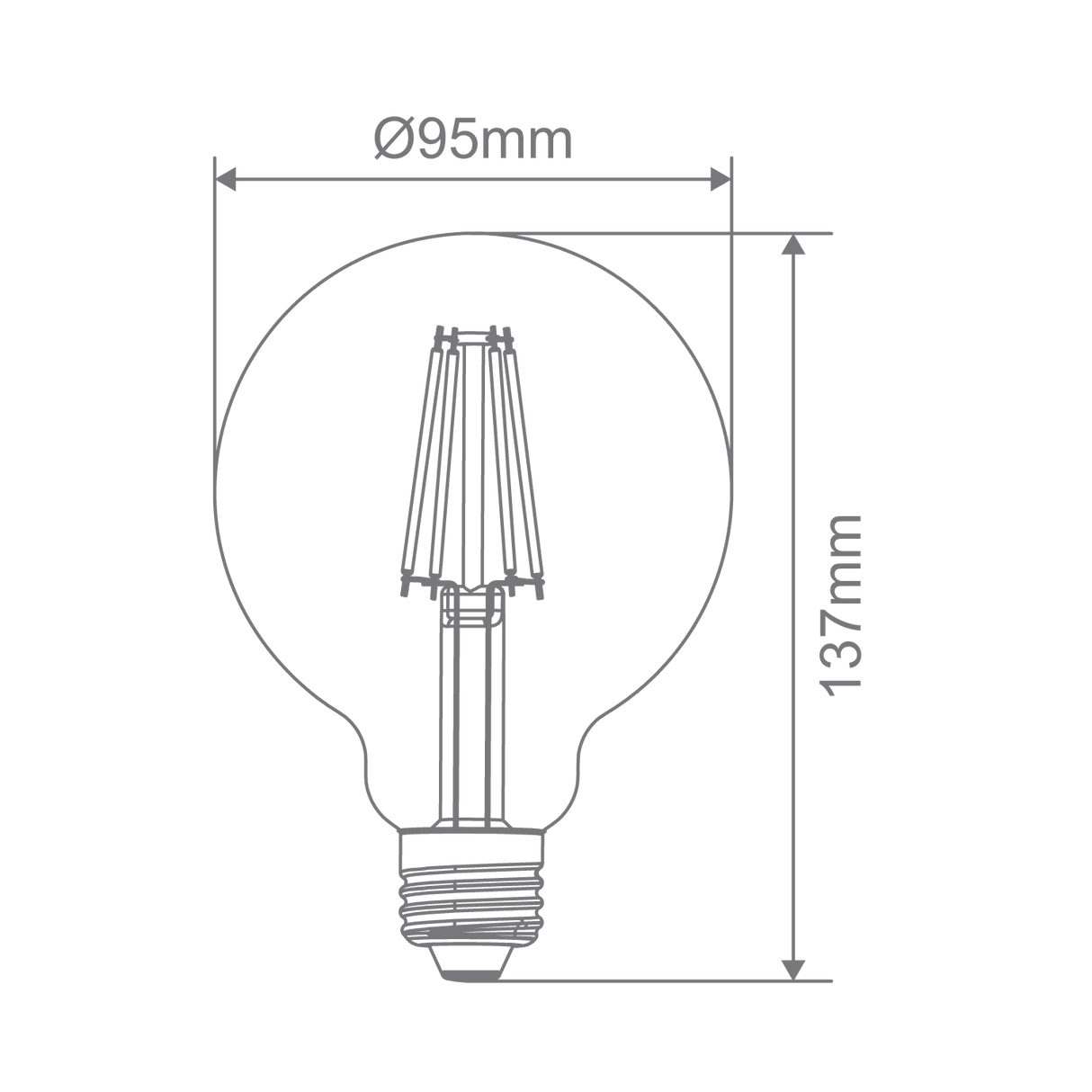 Technical drawing of a Decorative Domus G95 frosted glass filament light bulb with dimensions on a green background