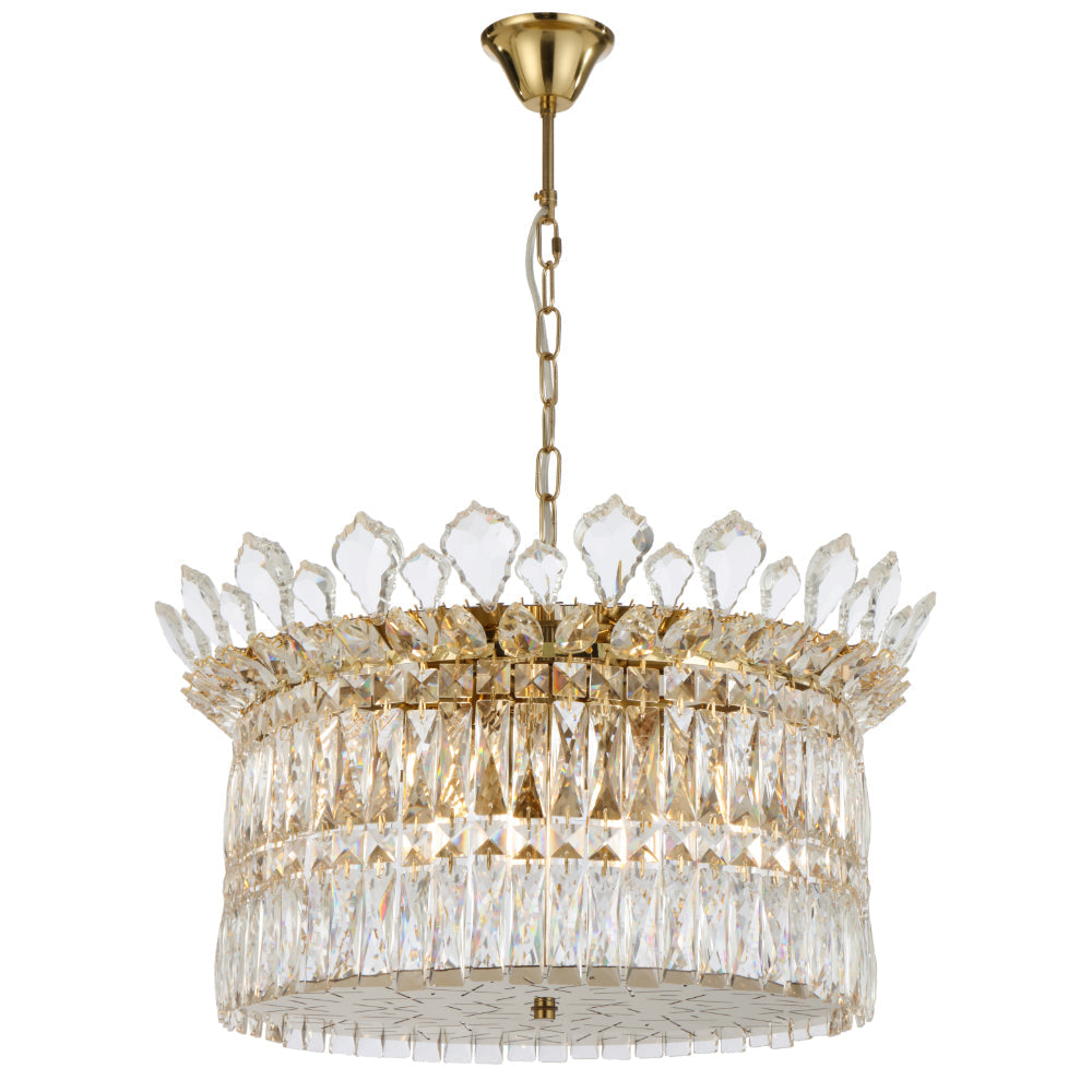 Gold chandelier with crystal accents on a white background
