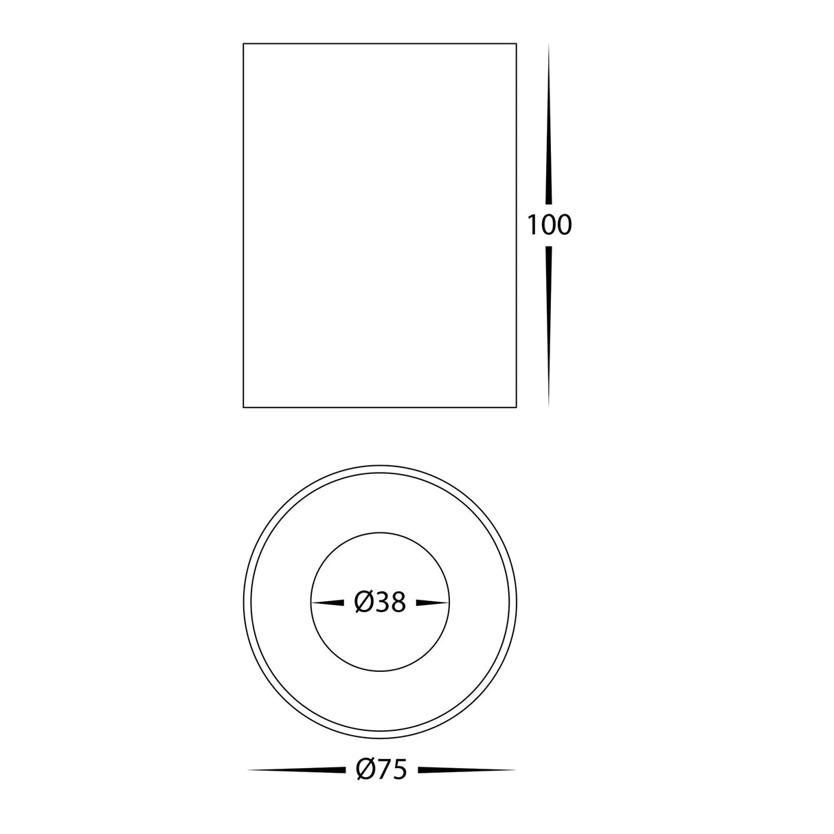 Technical drawing with dimensions of a square and circle on a white background