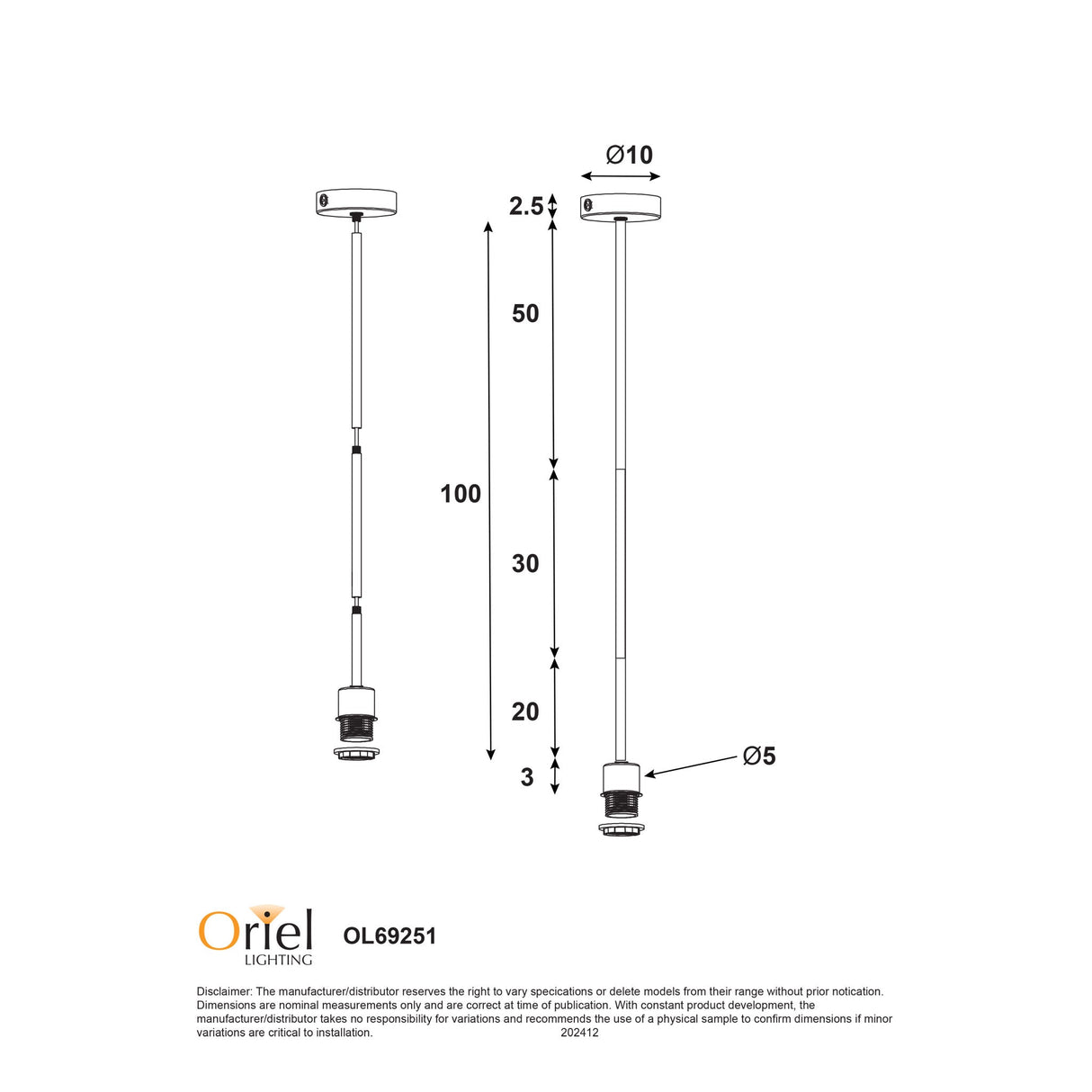 Oriel Parti Rod Ant Brass E27 Single Rod Suspension