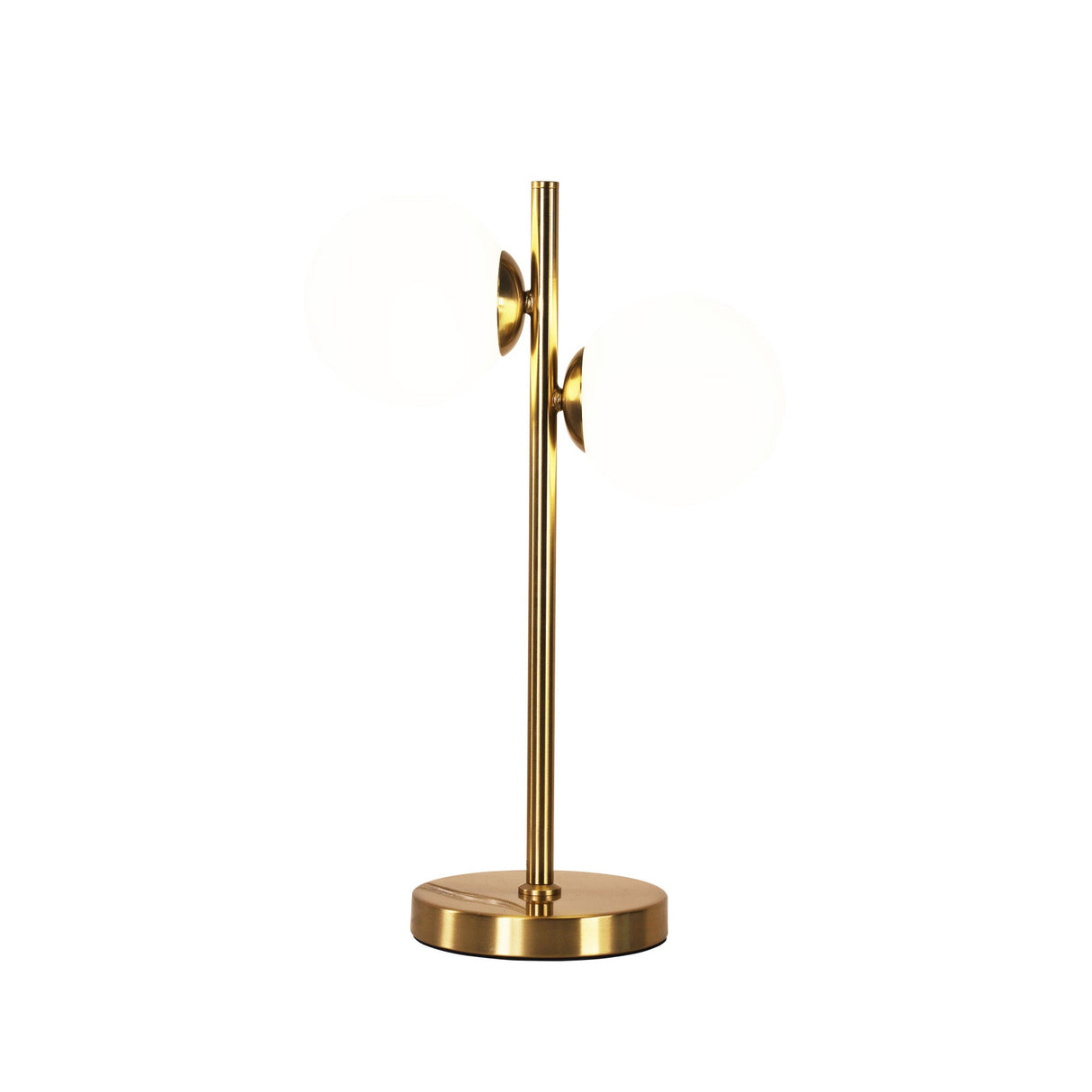 Oriel Valcross 2 Light Satin Brass Decorative Table Lamp with Opal Matt Glass Spheres