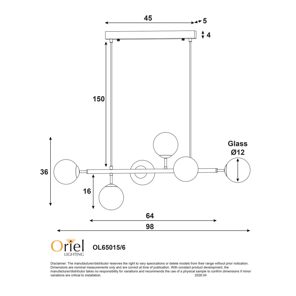Oriel Volli.6 Satin Brass 6 Light Optic Glass Pendant