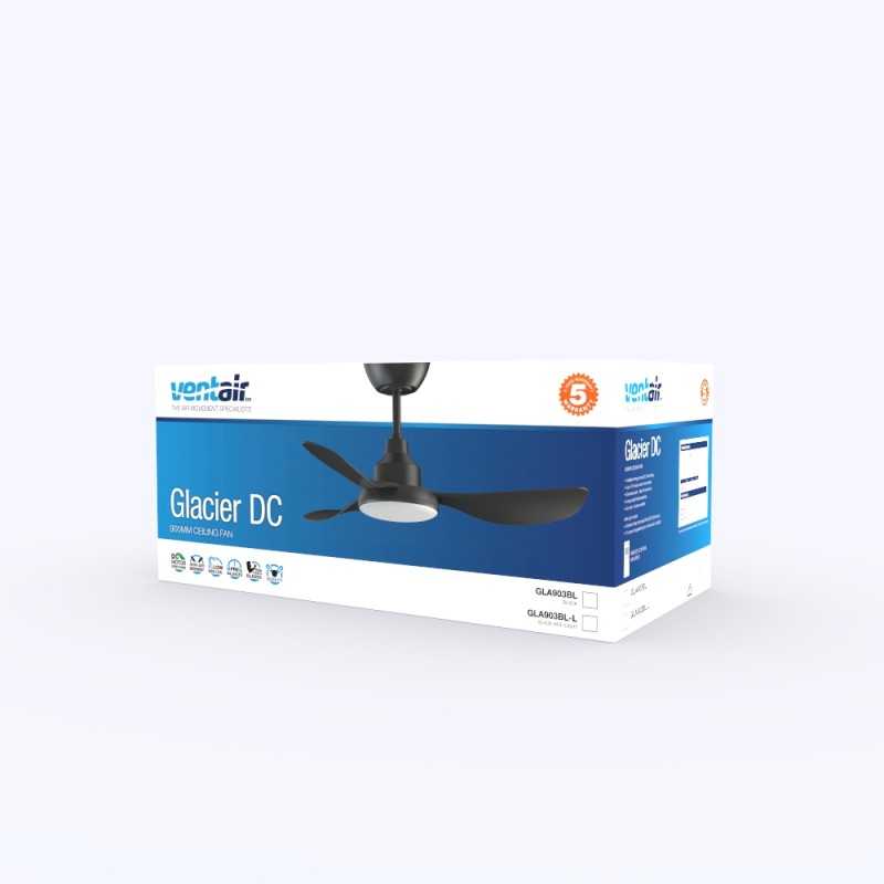 Ventair Glacier 900mm Dc Ceiling Fan With Light GLA903BL-L