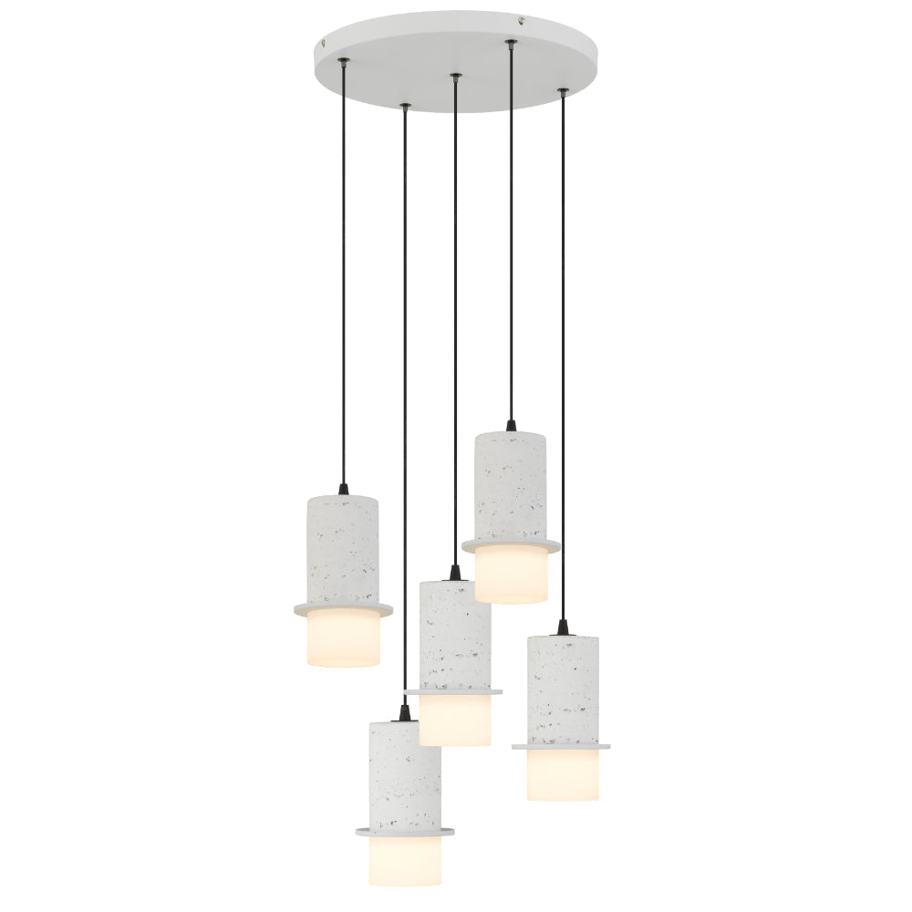 Modern pendant light with concrete-like finish on a white background