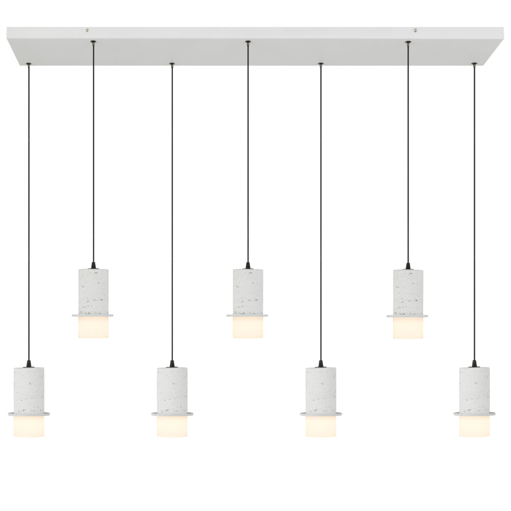 Modern pendant light fixture with concrete-like finish on a white background